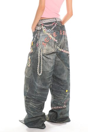 Casual Day Outfits, Easy Trendy Outfits Y2K Printed Chain & Charm Baggy Jeans