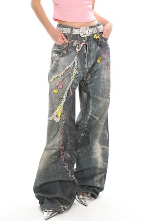 Casual Day Outfits, Easy Trendy Outfits Y2K Printed Chain & Charm Baggy Jeans