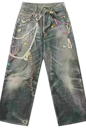 Casual Day Outfits, Easy Trendy Outfits Y2K Printed Chain & Charm Baggy Jeans