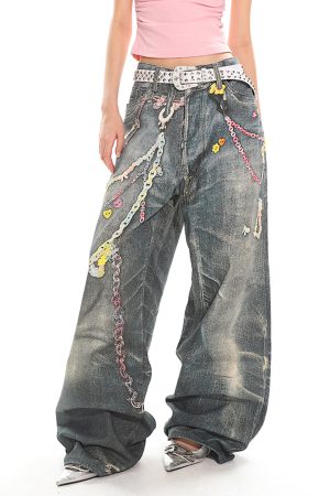 Casual Day Outfits, Easy Trendy Outfits Y2K Printed Chain & Charm Baggy Jeans