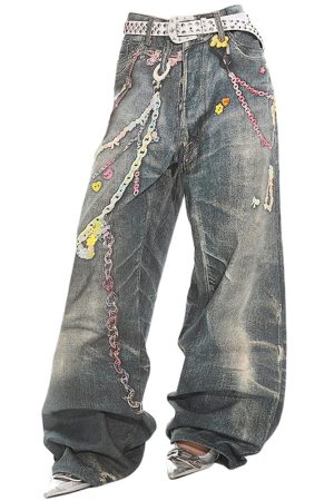 Casual Day Outfits, Easy Trendy Outfits Y2K Printed Chain & Charm Baggy Jeans