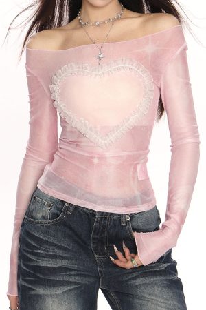 Casual Day Outfits, Easy Trendy Outfits Y2K Ruffled Heart Long Sleeve Top