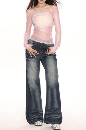Casual Day Outfits, Easy Trendy Outfits Y2K Ruffled Heart Long Sleeve Top