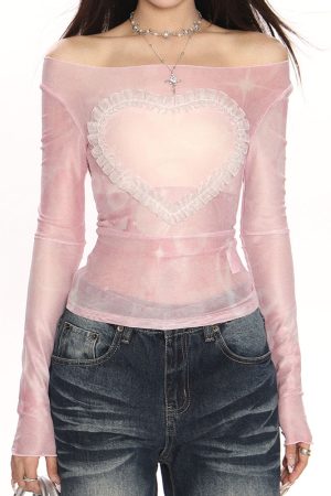 Casual Day Outfits, Easy Trendy Outfits Y2K Ruffled Heart Long Sleeve Top