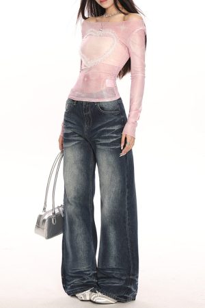 Casual Day Outfits, Easy Trendy Outfits Y2K Ruffled Heart Long Sleeve Top