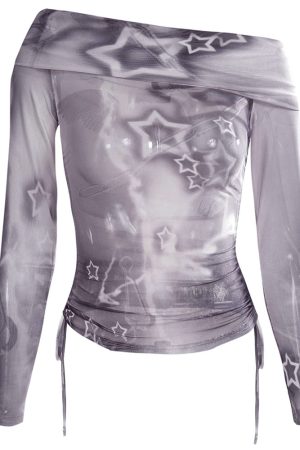Casual Day Outfits, Easy Trendy Outfits Y2K Star Mesh Off-Shoulder Long Sleeve Top