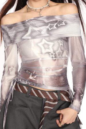 Casual Day Outfits, Easy Trendy Outfits Y2K Star Mesh Off-Shoulder Long Sleeve Top
