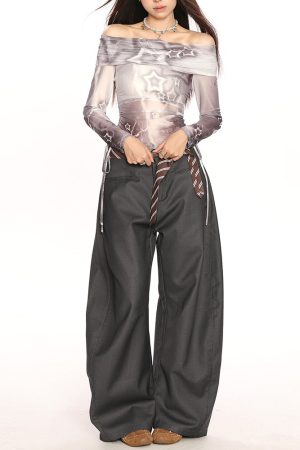 Casual Day Outfits, Easy Trendy Outfits Y2K Star Mesh Off-Shoulder Long Sleeve Top