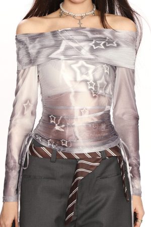 Casual Day Outfits, Easy Trendy Outfits Y2K Star Mesh Off-Shoulder Long Sleeve Top