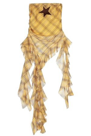 Casual Day Outfits, Easy Trendy Outfits Y2K Star Plaid Asymmetric Tube Top