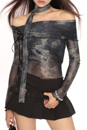 Casual Day Outfits, Easy Trendy Outfits Y2K Tie-Dye Mesh Off-Shoulder Top