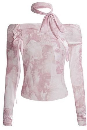 Casual Day Outfits, Easy Trendy Outfits Y2K Tie-Dye Mesh Off-Shoulder Top