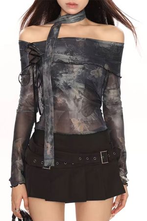 Casual Day Outfits, Easy Trendy Outfits Y2K Tie-Dye Mesh Off-Shoulder Top