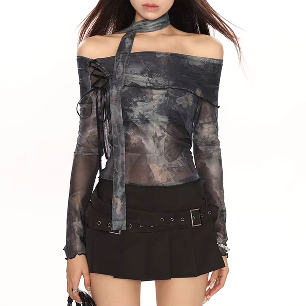 Casual Day Outfits, Easy Trendy Outfits Y2K Tie-Dye Mesh Off-Shoulder Top Casual Day Outfits, Easy Trendy Outfits Y2K Tie-Dye Mesh Off-Shoulder Top
