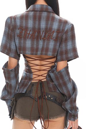 Casual Day Outfits, Easy Trendy Outfits Y2K Western Lace-Up Backless Plaid Shirt