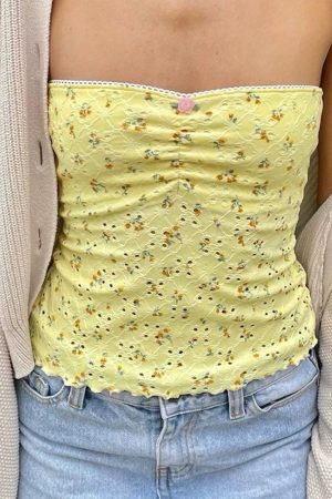 Casual Day Outfits, Easy Trendy Outfits Yellow Cottagecore Floral Tube Top