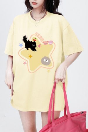 Casual Day Outfits, Easy Trendy Outfits Yellow Star Cat T-Shirt