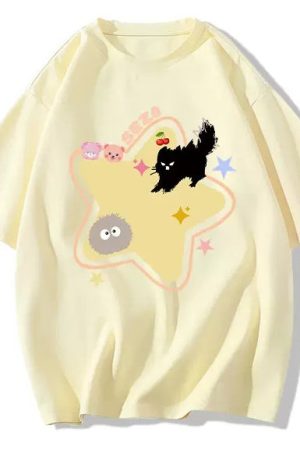 Casual Day Outfits, Easy Trendy Outfits Yellow Star Cat T-Shirt