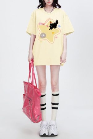 Casual Day Outfits, Easy Trendy Outfits Yellow Star Cat T-Shirt