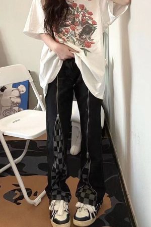 Casual Day Outfits, Easy Trendy Outfits Zip Up Checker Jeans