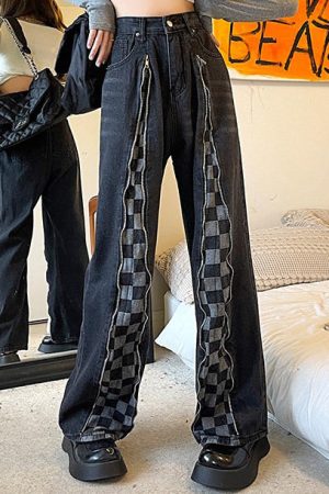 Casual Day Outfits, Easy Trendy Outfits Zip Up Checker Jeans