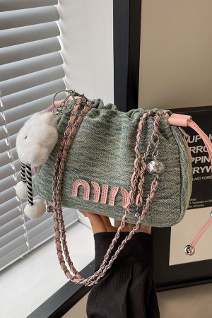 Casual Denim Bucket Bag for Women - Trendy Drawstring Shoulder Bag, Versatile Summer 2025 Style