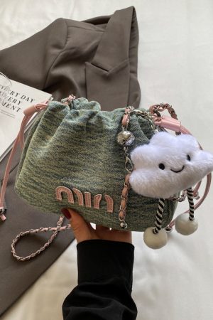 Casual Denim Bucket Bag for Women - Trendy Drawstring Shoulder Bag, Versatile Summer 2025 Style