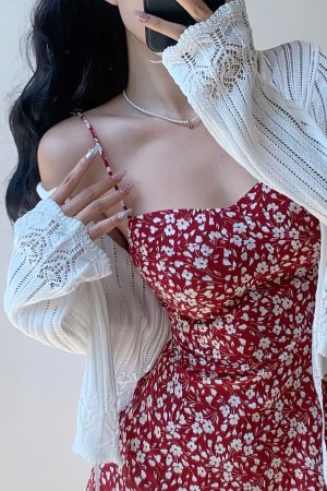Casual Lace-Up Hollow V-Neck Bell Sleeve Knitted Cardigan for Women - French Style Sun Protection Layering Piece