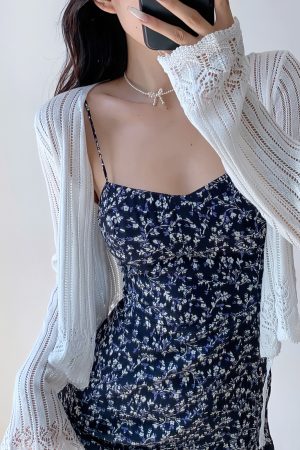 Casual Lace-Up Hollow V-Neck Bell Sleeve Knitted Cardigan for Women - French Style Sun Protection Layering Piece