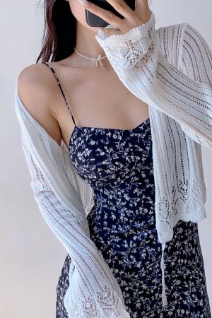 Casual Lace-Up Hollow V-Neck Bell Sleeve Knitted Cardigan for Women - French Style Sun Protection Layering Piece