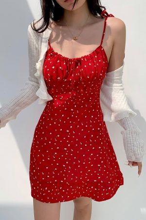 Casual Red Floral Mini Dress with Drawstring Tie Straps - French Country Style, Slim Fit, Perfect for 90s and Y2K Fashion Lovers