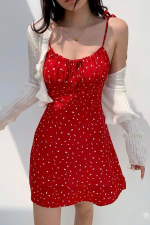 Casual Red Floral Mini Dress with Drawstring Tie Straps - French Country Style, Slim Fit, Perfect for 90s and Y2K Fashion Lovers
