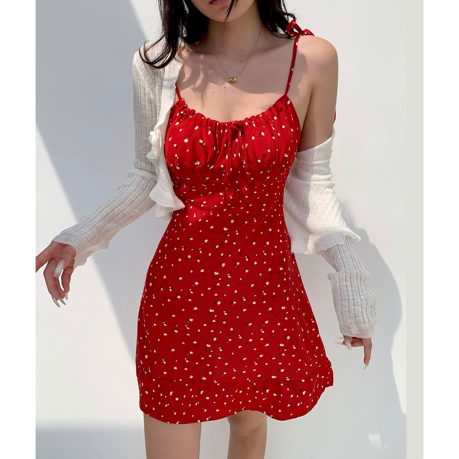 Casual Red Floral Mini Dress with Drawstring Tie Straps - French Country Style, Slim Fit, Perfect for 90s and Y2K Fashion Lovers Casual Red Floral Mini Dress with Drawstring Tie Straps - French Country Style, Slim Fit, Perfect for 90s and Y2K Fashion Lovers