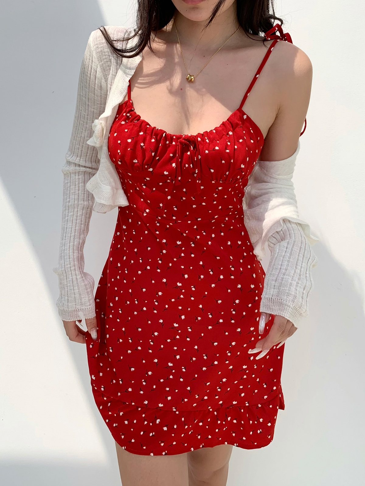 Casual Red Floral Mini Dress with Drawstring Tie Straps - French Country Style, Slim Fit, Perfect for 90s and Y2K Fashion Lovers Casual Red Floral Mini Dress with Drawstring Tie Straps - French Country Style, Slim Fit, Perfect for 90s and Y2K Fashion Lovers