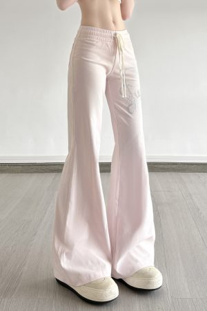 Casual Rhinestone Elastic Waist Drawstring Pants for Women - Versatile Low Waist Slightly Flared Slim Long Trousers, Y2K Style