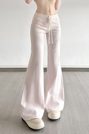 Casual Rhinestone Elastic Waist Drawstring Pants for Women - Versatile Low Waist Slightly Flared Slim Long Trousers, Y2K Style
