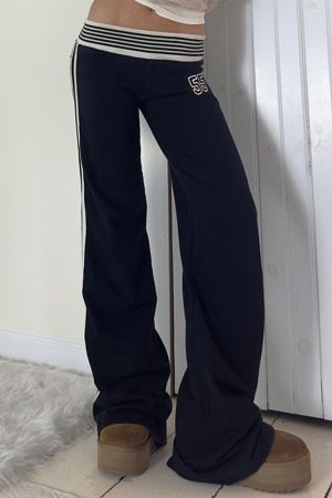 Casual Striped Waistband Digital Print Pants for Women - Low Waist Slim Fit Straight Leg Knit Trousers, American Street Style