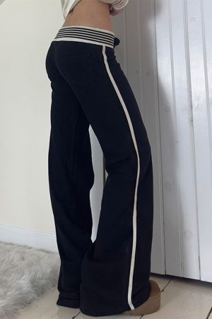 Casual Striped Waistband Digital Print Pants for Women - Low Waist Slim Fit Straight Leg Knit Trousers, American Street Style