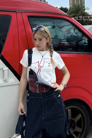 Casual Summer Cartoon Graphic T-Shirt for Women - American Style Straight Shoulder, Round Neck, Slightly Loose Short Sleeves