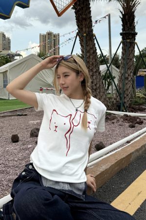 Casual Summer Cartoon Graphic T-Shirt for Women - American Style Straight Shoulder, Round Neck, Slightly Loose Short Sleeves