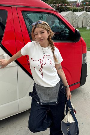 Casual Summer Cartoon Graphic T-Shirt for Women - American Style Straight Shoulder, Round Neck, Slightly Loose Short Sleeves