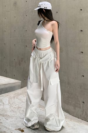 Casual Wide-Leg Cargo Pants for Women - Drawstring Elastic Waist, Trendy Sports Style, Loose Fit Dance Trousers