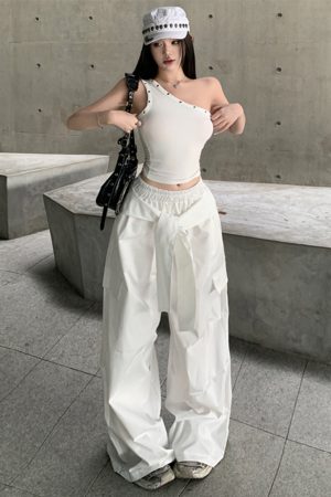 Casual Wide-Leg Cargo Pants for Women - Drawstring Elastic Waist, Trendy Sports Style, Loose Fit Dance Trousers