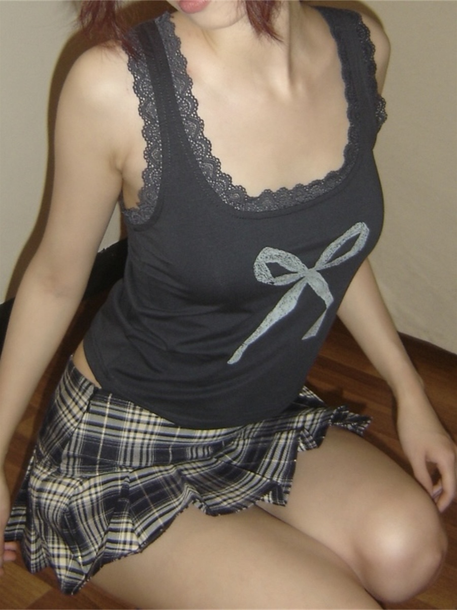 Charcoal Gray Lace Splicing Bow Slim Fit Camisole Top - 2025 Summer American Cute Style for Effortless Chic Looks Charcoal Gray Lace Splicing Bow Slim Fit Camisole Top - 2025 Summer American Cute Style for Effortless Chic Looks