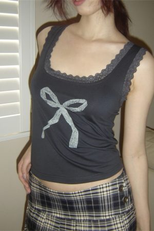Charcoal Gray Lace Splicing Bow Slim Fit Camisole Top - 2025 Summer American Cute Style for Effortless Chic Looks