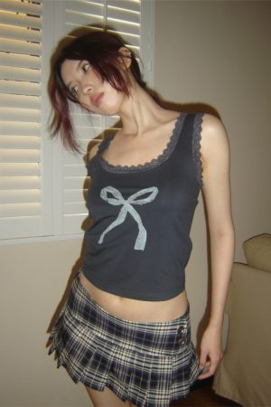 Charcoal Gray Lace Splicing Bow Slim Fit Camisole Top - 2025 Summer American Cute Style for Effortless Chic Looks