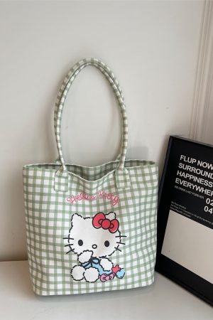 Checkered Canvas Tote Bag for Summer 2025 - Cute Cat Design, Large Capacity, Lightweight, Versatile Handheld Shoulder Bag