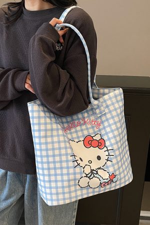Checkered Canvas Tote Bag for Summer 2025 - Cute Cat Design, Large Capacity, Lightweight, Versatile Handheld Shoulder Bag