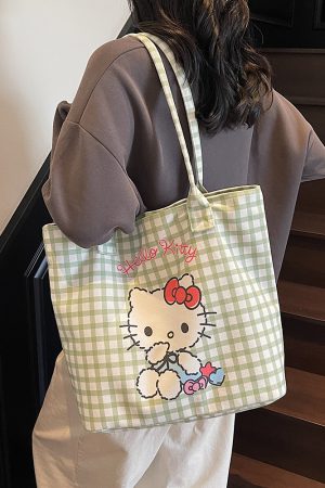 Checkered Canvas Tote Bag for Summer 2025 - Cute Cat Design, Large Capacity, Lightweight, Versatile Handheld Shoulder Bag