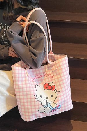 Checkered Canvas Tote Bag for Summer 2025 - Cute Cat Design, Large Capacity, Lightweight, Versatile Handheld Shoulder Bag